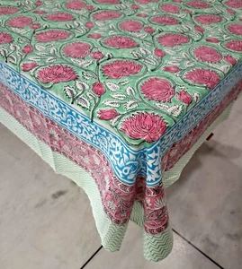 Green Pink 6 seater Tablecloth Floral Block Print Rectangular Machine Washable - Picture 1 of 7