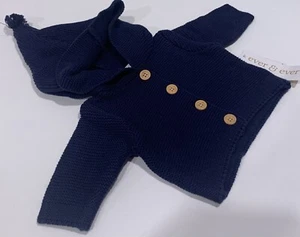 Baby Boy Knitted Sweater with Hood & Pompom, buttoned, Preemie Blue MSRP 32 NEW - Picture 1 of 6