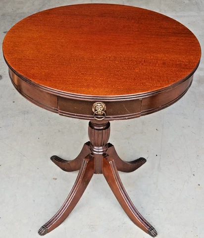 Vintage mid-century Round Lions Head Drum End Table with brass Lion claw feet Cover