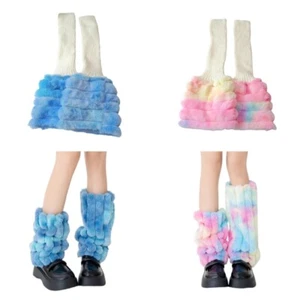 Furry Knitted Leg Warmers for Women Winter Tie Dye Plush Boot Toppers Covers - Picture 1 of 12