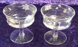 Pair Of Elegant Vintage Sherbet Dessert Glasses With Etched Floral Design - Picture 1 of 1