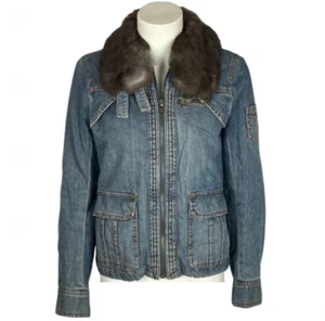 Marc Jacobs Womens Full Zip Rabbit Fur Collar Blue Denim Jean Jacket S Vintage - Picture 1 of 5