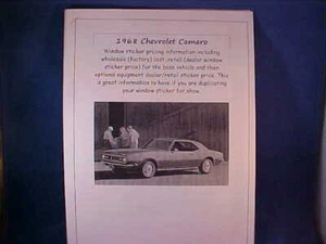 1968 Chevrolet CAMARO fact/dealer cost/window sticker price for car+options '68 - Picture 1 of 1