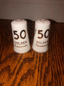 Vintage Lefton 50 Golden Anniversary Porcelain Salt & Pepper Shakers 2 3/4" Tall - Picture 1 of 7
