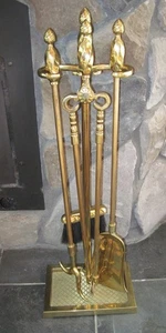 Virginia Metalcrafters Harvin Solid Brass Fireplace Tool Set 4 Pc + Stand - Picture 1 of 10