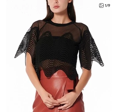 Blusa para mujer Gracia negra cuello redondo malla bordada mediana transparente Foto 1 de 4