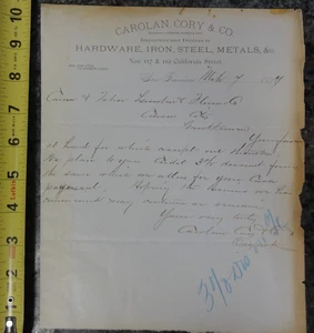 Carolan Cory Co Hardware Iron Steel Letterhead San Francisco 1877 Hand Written - Picture 1 of 5