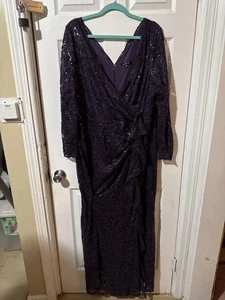 Marina Kleid Damen 22W Lila Pailletten Spitze Langarm V-Ausschnitt Rüschen Maxikleid - Bild 1 von 12