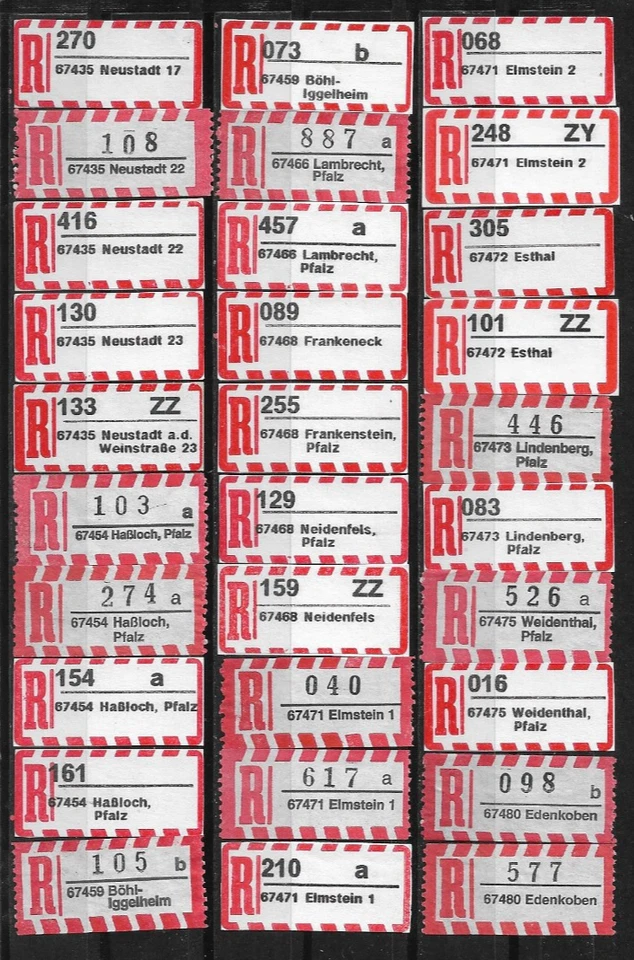 R-Zettel/BRD/5-stellige PLZ/ 67435 Neustadt 17 - 67480 Edenkoben (30 versch.) - Bild 1 von 1