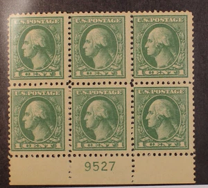 Scott 525 - 1 Cent Washington MNH Plate Block Of 6 Plate # 9527 SCV - $50.00 - Picture 1 of 2