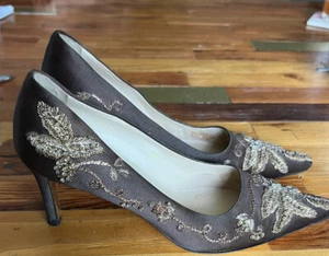 Judith Lieber 7195 Beaded Floral Chocolate Satin High Heels Size 6.5B - Picture 1 of 16