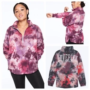 VS VICTORIAS SECRET PINK VARSITY HALF ZIP PULLOVER SWEATER JACKET TOP TIE DYE L - Picture 1 of 6