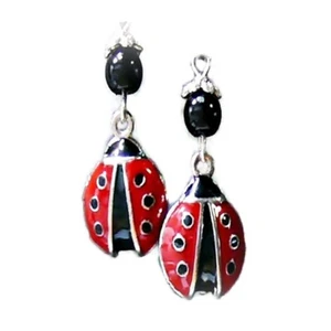Earrings, Charm Lady Bird Bug black red silver, choose clip on or pierced - Picture 1 of 2