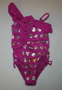 NEW Justice Girls 8 Year Swimsuit Pink Metallic Silver Polka Dots One Piece - Picture 1 of 2