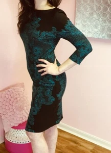 DAVID MEISTER 4 Small Sexy Paisley Black Teal Stretch Designer Womens Dress - Picture 1 of 5
