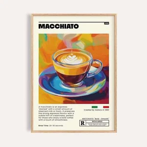 Colourful Coffee Shop Wall Art Macchiato Print Bright Decor for Living Room - Picture 1 of 25