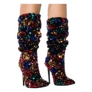 Azalea Wang Jimena Heeled Boots Rainbow Multi Sequin Embellished Stiletto 7.5 - Picture 1 of 8