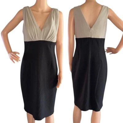 Kay Unger ~ Vestido Vaina Diseñador Cuello en V Sin Mangas Beige y Negro Lana ~ Talla 12 Foto 1 de 4