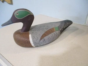 Primitive artist Carved green winged teal duck sculpture decoy hand painted 11.5 - Picture 1 of 10