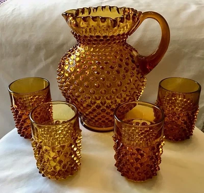 Vintage Fenton art glass amber hobnail pitcher & 4 tumblers - Image 1 of 4