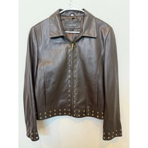 Leather Sound Genuine Leather Jacket Brown Gold Embellishments 8 Medium EU 40 - Picture 1 of 7