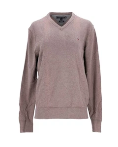 Tommy Hilfiger Mens Brown V Neck Knit Sweatshirt Cotton Cashmere Ribbed Cuffs M - Picture 1 of 11