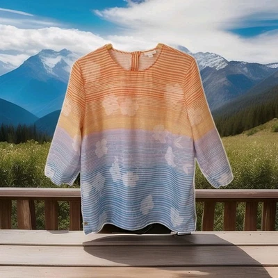 J. JILL Love 100% 亚麻条纹长袍花卉印花 3/4 袖束腰外衣 L 码海滩 — 第 1/4 张图片