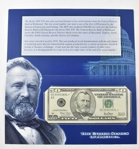 2001 $50 FRN Star Note Green Seal Bureau Of Engraving *7953 - Picture 1 of 4