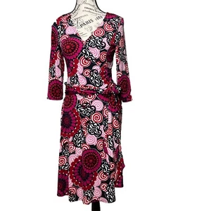 AB Studio 70s Style Kaleidoscope Groovy Retro Mod Pattern Faux Wrap Dress Size S - Picture 1 of 10