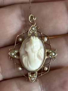 Nice Antique Victorian  10k Yellow Gold Seeded Pearls Cameo Pendant Necklace 17” - Picture 1 of 13