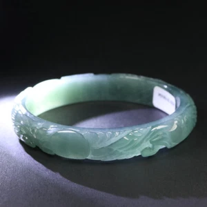 60mm Certified A Green Natural Jadeite Jade Bangle Bracelet Dragon Phoenix 17841 - Picture 1 of 12