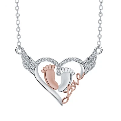 European Women Angel Heart Footprint CZ Pendant Necklace Chain 925 Silver Plated - Image 1 of 4