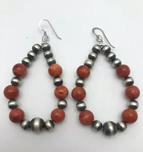 Orecchini Navajo argento sterling .925 1 1/2" x 3" corallo spinoso perline anello - Foto 1 di 8