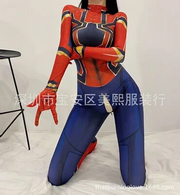 Iron Spider-man Jumpsuit Women Cosplay Costume Bodysuit Halloween Open Crotch A1 - Image 1 of 4