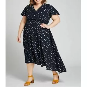 Lane Bryant Fit & Flare gepunktetes Kleid Damen 18/20 marine/weiß Flatterärmel - Bild 1 von 5