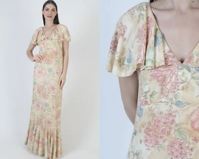 Vestido maxi vintage romântico comprimento do chão deusa grega estampa de rosa pradaria - Imagem 1 de 4