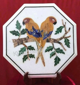White Marble Sofa Side Table Top Pair of Parrot Pattern Inlay Work Coffee Table - Picture 1 of 4
