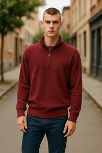 Brooks Brothers Men’s Burgundy Combed Cotton 1/4 Zip Sweater Pullover Sz Medium - Picture 1 of 11