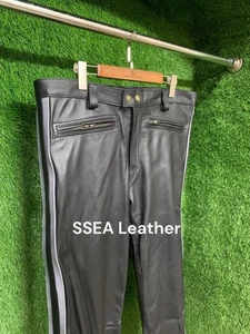 Men's Original Lamb Soft Leather Black Pant With Dual Side Stripes & Ankle Zip - Picture 1 of 6