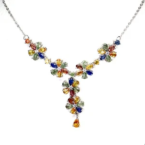 925 Sterling Silver Necklace Pear Sapphire 6x4mm Natural Gemstone Jewelry 17 In - Picture 1 of 13