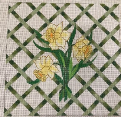 Tray Point  Needlepoint Canvas Daffodils Lattice Diagonal Green Yellow Vintage - Image 1 of 4