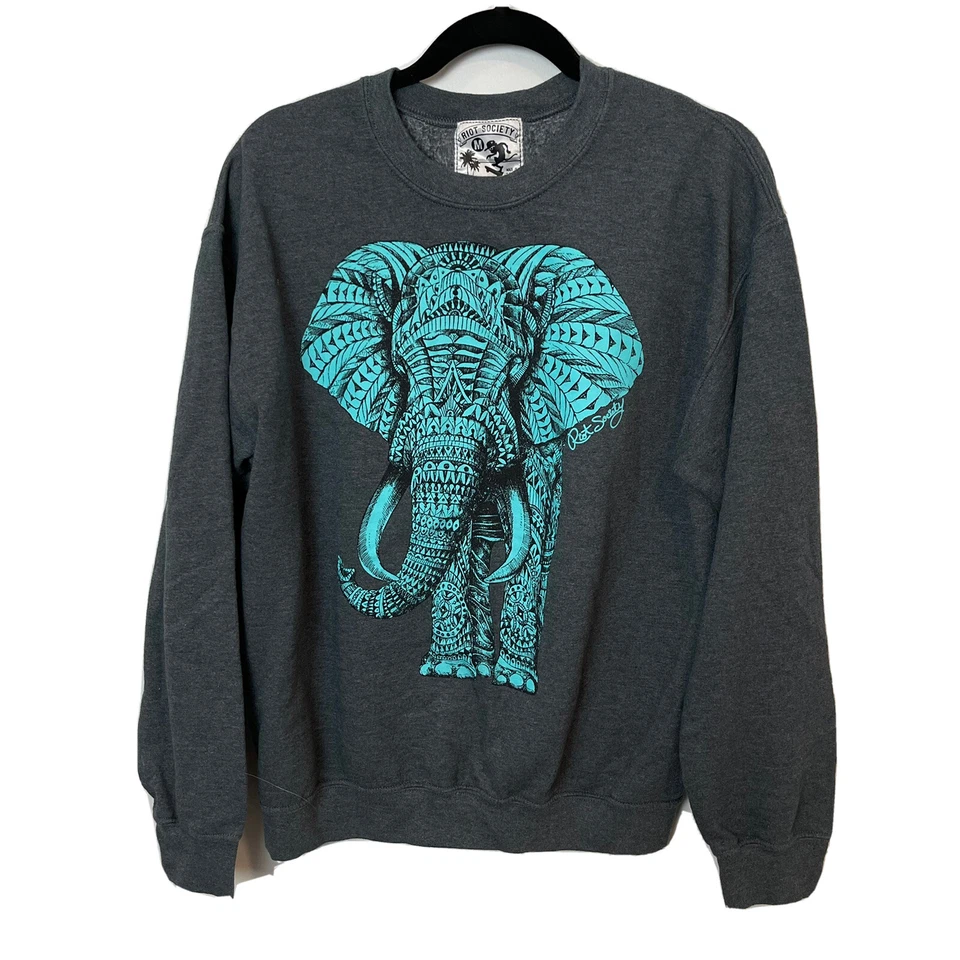 Urban Outfitters Riot Society Sz M Elephant Crewneck Sweatshirt Gray Art Skater - Image 1 of 4