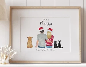 Individuelles Portrait Weihnachten Paar und Haustier - First Home Print, Wohndeko - Bild 1 von 8