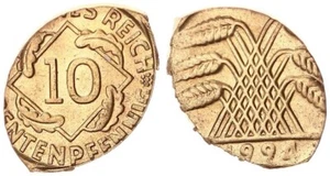Weimar 10 Pfennig 1924 Fehlprägung: auf verstanzten Schrötling prfr. 127221 - Bild 1 von 1