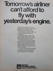 3/1982 PUB PRATT & WHITNEY PW2037 ENGINE BOEING 757 AIRLINER ORIGINAL AD - Imagen 1 de 1