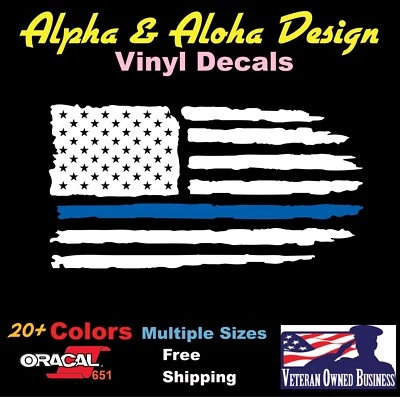 Distressed American Flag Thin Blue Line Vinyl Decal Sticker - Image 1 of 2