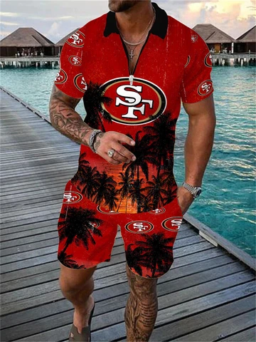 San Francisco 49ers 2 Piece Hawaiian Shirts Beach Shorts Set Casual Zip up Shirt Cover