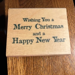 Wooden Rubber Stamp WISHING YOU A MERRY CHRISTMAS Traditional Print - Picture 1 of 2