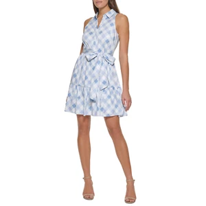 Tommy Hilfiger Womens Blue Gingham Print Sleeveless Belted Mini Dress Size 14 - Picture 1 of 7