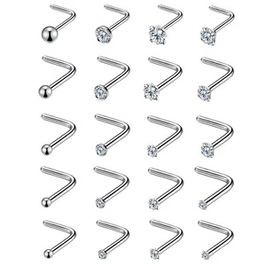 20pcs L-shaped CZ Nose Ring Studs Surgical Steel Body Piercing Jewelry 20G - Picture 1 of 22